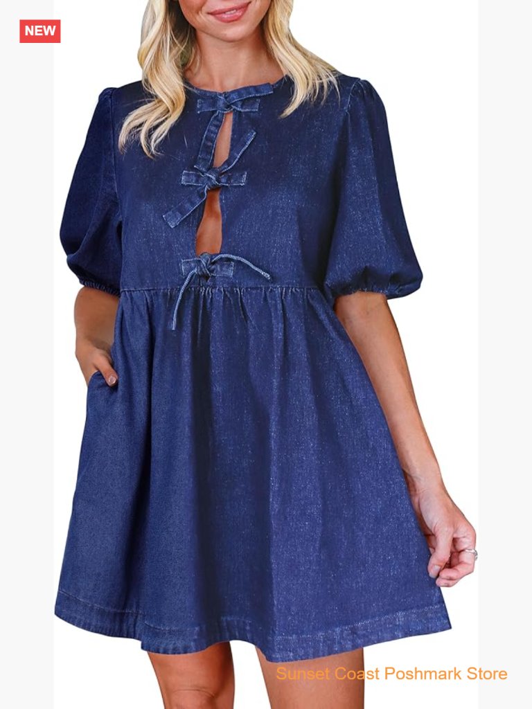 Denim Babydoll Dress Puff Short Sleeve Romper With Pockets